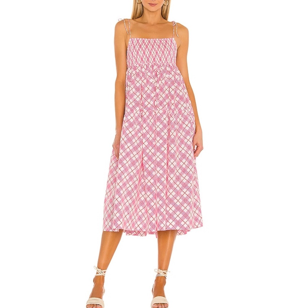 SWF A Line Dress in Cottage Pink Plaid Cotton‎ Smocked Sundress Size Small